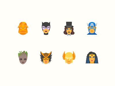 Flat Color Icons: Superheroes cat woman dc design groot hawkman icon icons8 marvel outlined superhero ui design wonder woman