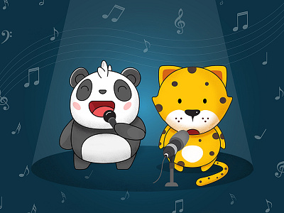 Lalalalaaaa!!! cartoon flat illustration karaoke leopard panda singing