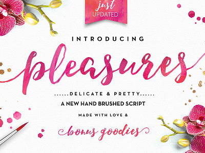 Pleasures Script + Extras brush brush script foil font gold hand lettered hand lettering logo script texture watercolor wedding