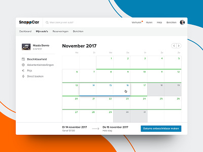 Snappcar Availability Calendar account application available calendar car car rental clean dashboard interface product design schedule web app