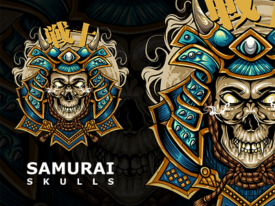 SAMURAI SKULLS design digital art drawing graphic design illustration japan japanese art japanese style logo mask samurai samurai illustration skull skull art sword vector war