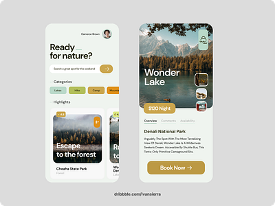 Travel App Concept - Daily Exploration app branding challenge clean design forest green inspiration lakes mobile modern mountain trail travel ui
