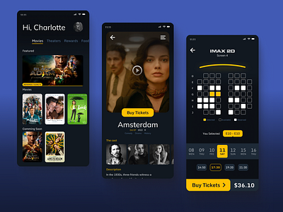 Movie Theater App - Concept app booking cine cinema clean dark digital entretainment events graphic design mobile modern movie theater ticket trend ui