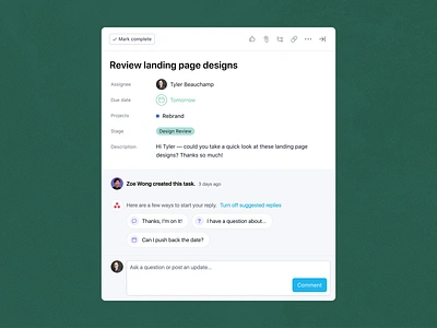 Suggested Replies animation asana collaboration comments conversation interaction microinteraction motion graphics principle product product management project management replies reply suggested suggestions task thread ui ux