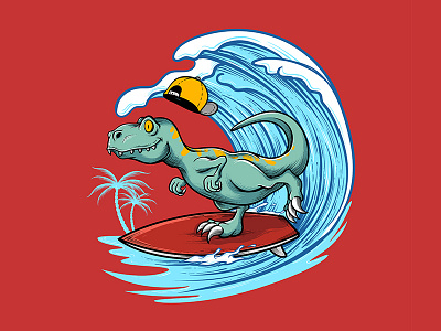 Surfing T Rex beach design dinosaur funny hipster illustration mascot merchandise sea summer surfing t rex