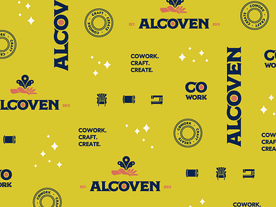 Alcoven Pattern badge brand elements branding cowork logo logomark logotype makerspace mark pattern witchy