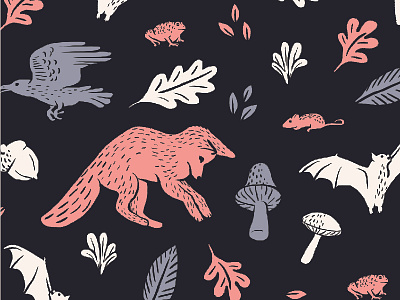 Woodland Creatures Pattern animals bat creatures crow fabric forest fox mushroom pattern repeat toad wildlife