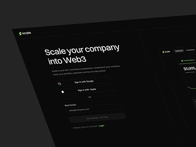 Scale: Login & Signup Page banking dark design digital bank finance green layout login onboarding product scale signup typography ui user ux wallet web web3 website