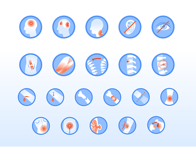 Injury IQ Icon Set concussion ear eye fracture health healthcare illustration injury muscle spine ui