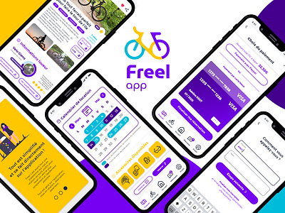 Freel App (location de velo) app app design bike booking branding calendar form logo mobile onboarding pay product profile purple register rent ui ui design