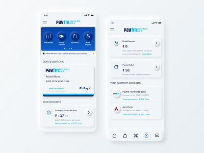 Paytm Bank Concept app banking clean currency figma interface minimal mobile mobile ui neumorphism payment paytm product design skeumorphism trending ui uidesign uiux ux wallet