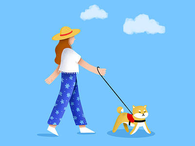 Walk with my shiba blue brush dog girl hat illustration procreate shiba inu walking