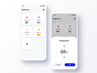 Daily UI Challenge #021 Home Monitoring Dashboard app blue bright clean cool daily ui desk home monitoring dashboard humidity ios iot iphone light modal settings simple stepper temperature ui white