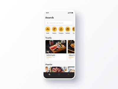 Daily UI Challenge #022 Search app black category clean daily ui discover food ios iphone keywords mobile restaurant search simple white yellow