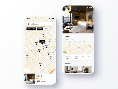 Daily UI Challenge #029 Map app black black white book booking clean cool daily ui discover hotel ios iphone map mobile rating san francisco search simple