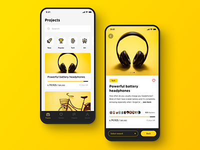 Daily UI Challenge #032 Crowdfunding Campaign app back black clean cool crowdfunding crowdfunding campaign daily ui design ecommerce fundraise headphone icon ios iphone mobile product reward simple yellow