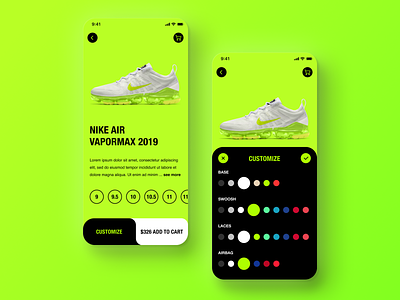 Daily UI Challenge #033 Customize Product adidas app card customize daily ui design ecommerce green ios iphone mobile neon nike online shop online store product settings shoes sneaker yellow