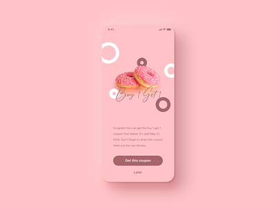 Daily UI Challenge #036 Special Offer app brown buy 1 get 1 cook coupon cute daily ui design donuts girly ios iphone mobile offer pink pretty reward simple special