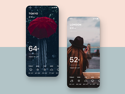 Daily UI Challenge #037 Weather app blue clean cool daily ui design gps ios iphone location london mature mobile product red simple time tokyo weather world clock