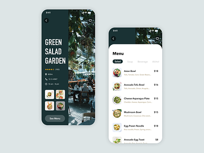 Daily UI Challenge #043 Food/Drink Menu app black cafe card clean daily ui design drink food green ios iphone menu mobile nature product restaurant salad simple white