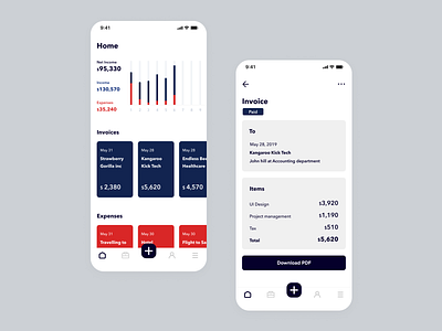 Daily UI Challenge #046 Invoice app bill blue challenge chart daily ui dailyui design expense fintech income invoice ios iphone light mobile money red simple white