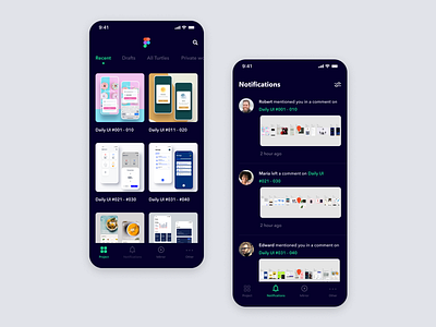 Daily UI Challenge #047 Activity Feed activity feed app black comment daily ui dark design figma gallery green ios iphone mirror mobile notifications simple thumb tool ui viewer