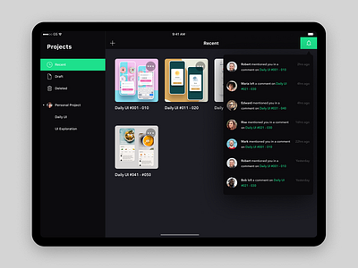 Daily UI Challenge #049 Notifications app black clean comment cool daily ui dark design tool figma green ios ipad list notifications product simple sketch tablet ui uidesign