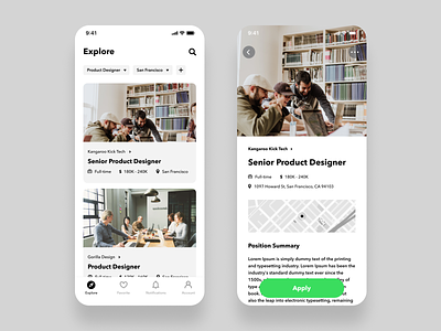 Daily UI Challenge #050 Job Listing app apply daily ui dailyui design explore favorite figma green ios iphone job listing job search mobile notifications product recruit simple white work
