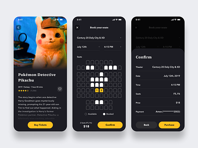 Daily UI Challenge #054 Confirmation app black book card cinema daily ui dark mode design ios iphone mobile movie movies pikachu pokemon reservation reserve confirmation seattle theater ticket
