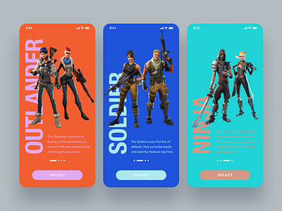 Daily UI Challenge #064 Select User Type app blue card carousel character daily ui dailyui design fortnite game heroes ios iphone mobile orange select select user type simple ui
