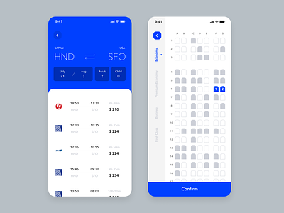 Daily UI Challenge #068 Flight Search app blue branding card daily ui dailyui design flight flight booking flight search flight ticket ios iphone mobile product seat simple trending ui white
