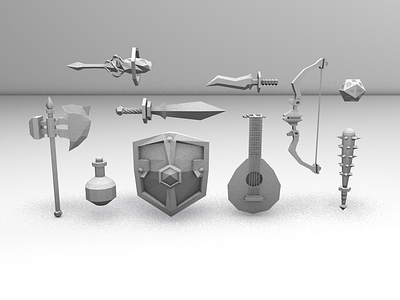 D&D Class Items 3d axe bard bow c4d dd dnd dungeons and dragons lute mace mage modeling paladin rogue shield sword wand weapons