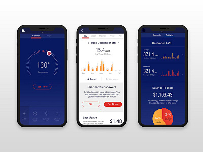 Heatworks Hero Screens app connected home dark interface data visualisation energy savings monitoring product design smart home temperature ui