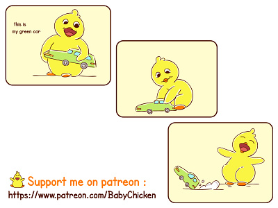 Baby Chicken episode 09 animals baby chicken brightness car children comic drawing funny green happy having fun illustration inspiration kids lifestyle motivation playing toy vector yellow