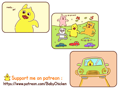 Baby Chicken episode 13 animals baby chicken brightness bunny car cat comic drawing friends green having fun illustration kids lifestyle motivation nature playing race vector yellow