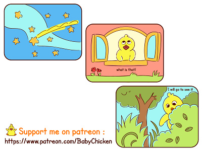 Baby Chicken episode 14 animals baby chicken beautiful blue brightness comic curious drawing green happy illustration kids lifestyle motivation nature sky star surprised vector yellow
