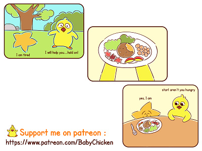Baby Chicken episode 16 animals baby chicken brightness comic delicious design drawing food good morning happy illustration inspiration kids lifestyle motivation nature star table vector