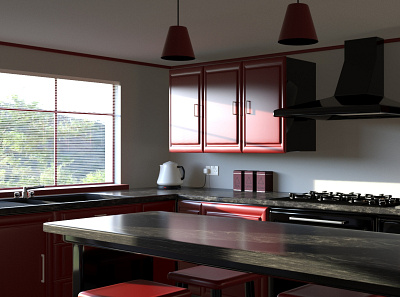 The Red Kitchen 3d 3d scene 3dscene 3dsmax architecture archviz arnold arnold renderer digital 3d fridge interior interior design lighting stool table