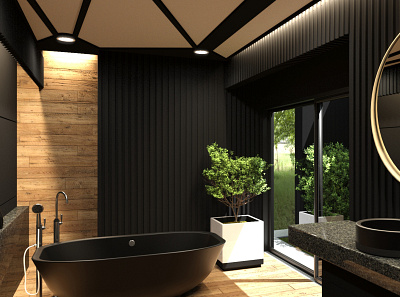 The North Bathroom 3d archviz bathroom bathtub black digital 3d hdri interior marble mirror plant sink wood
