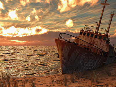 Sunny Beach Wreck aground beach grass illustration landscape ocean realism sand ship sun sunny sunrise sunset water wreck