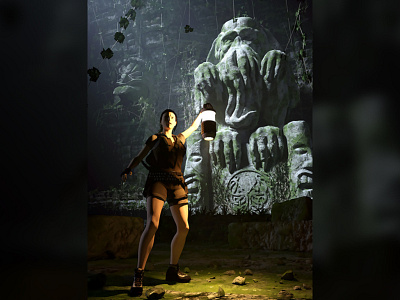 The Tomb Raider in the Abyss of Madness abandoned adventure claustrophobic cover art cthulhu digital 2d digital 3d environment fantasy horror hpl illustration lara croft lighting lovecraft novel cover ruins statue temple vegetation