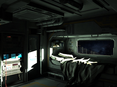 Crew Quarters 3d bed bedroom boardgame books card card game cardgame concept art digital 3d environment future futuristic game art nebula pipes sciencefiction scifi space stars