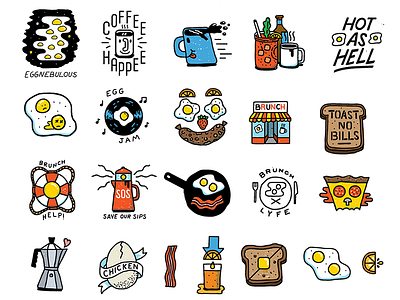 Bunch of brunch icons illustration stickers texture