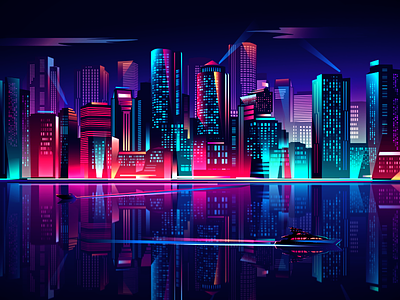 Glow night skyline 2d city glass illustration megapolis neon sea skyline urban yacht