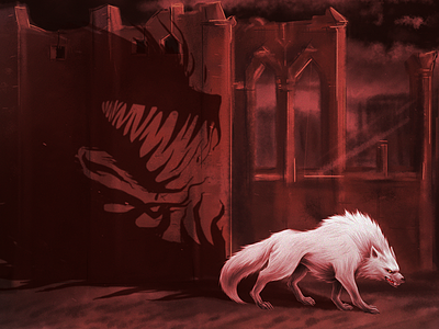 Wolf with Monster Shadow anime dark goth gothic illustration monster night red ruins shadow werewolf wolf