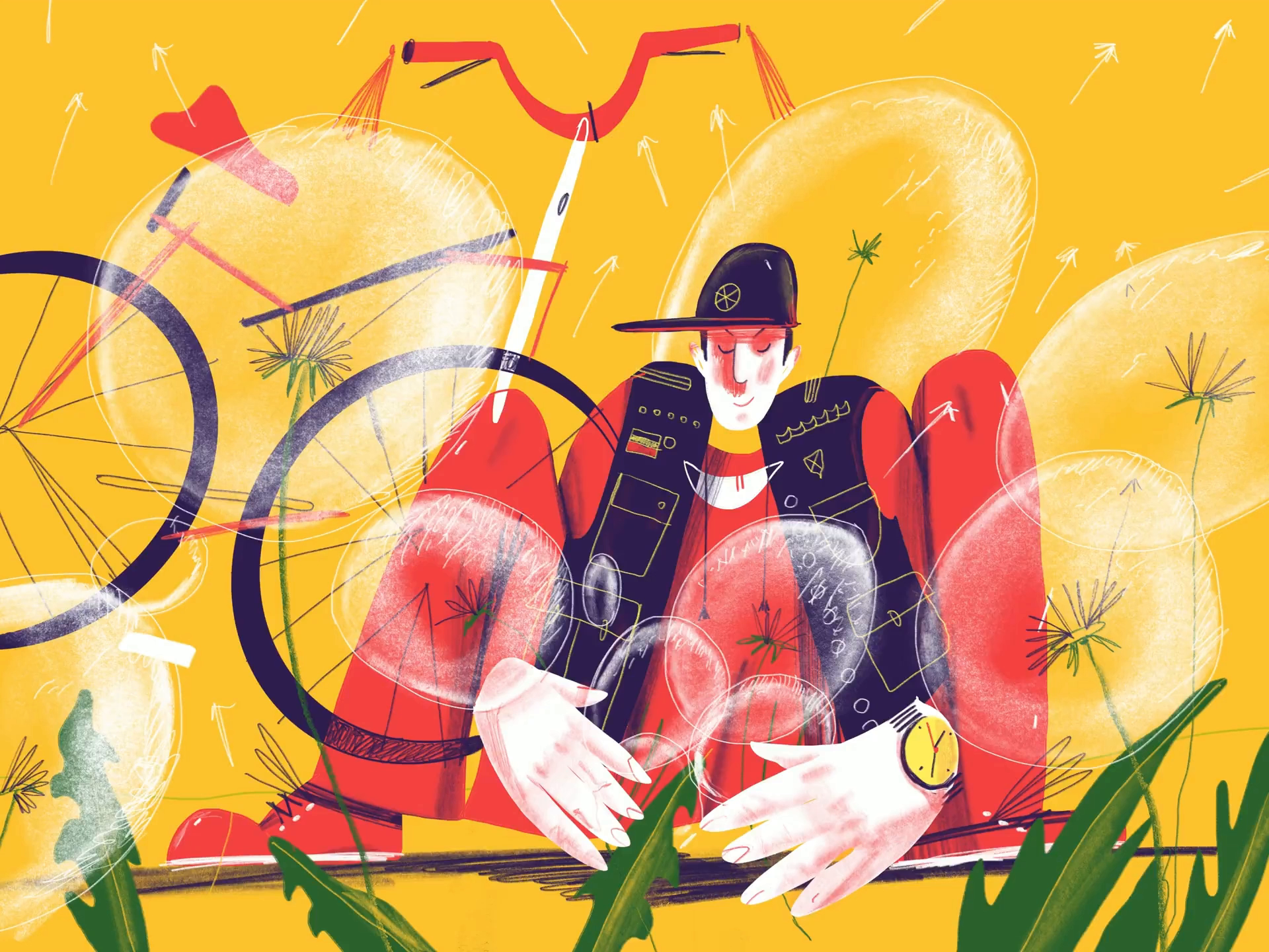 Boy that Gather Joy gathering joy collect gather walk blowball yellow clock cap dandelion bicycle character procreate ipad pro illustration