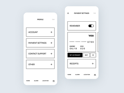 Payment Settings - Minimalist App Concept Design app app design black and white branding clean credit card identity minimal minimalism minimalist minimalist design payment app payment settings profile profile design ui ux