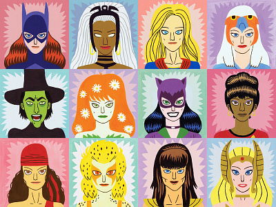 Heroines and Villains comics geek heroes heroines illustration kitsch nerd paintings pop culture portraits retro villains