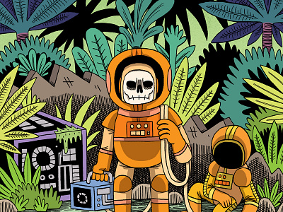 Lost Contact astronaut drawing green illustration jungle nature orange science fiction skull space