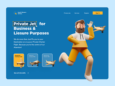 Landing Page : : Private Jet 3d airline app character clean design flight illustration jet landing page minimal mobile ui web website